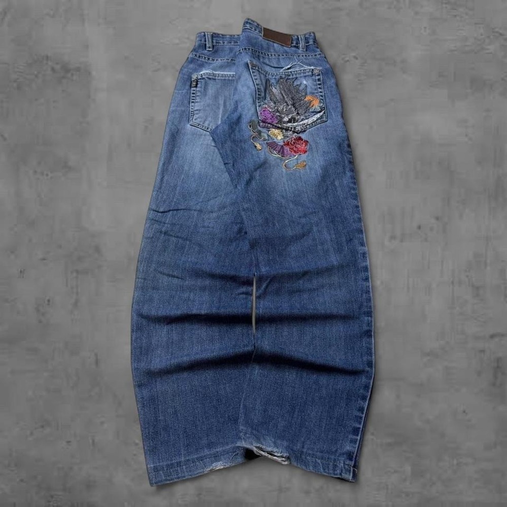 Y2K Vintage 2000s Baggy Oni Rari Japanese Dragon Embroidered Denim Jeans